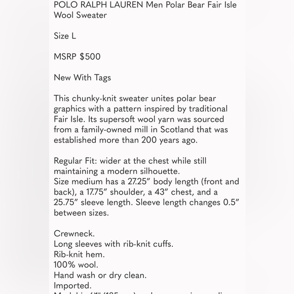 $500 NWT POLO RALPH LAUREN Men Polar Bear Fair Isle Wool Sweater Size L - Picture 5 of 5